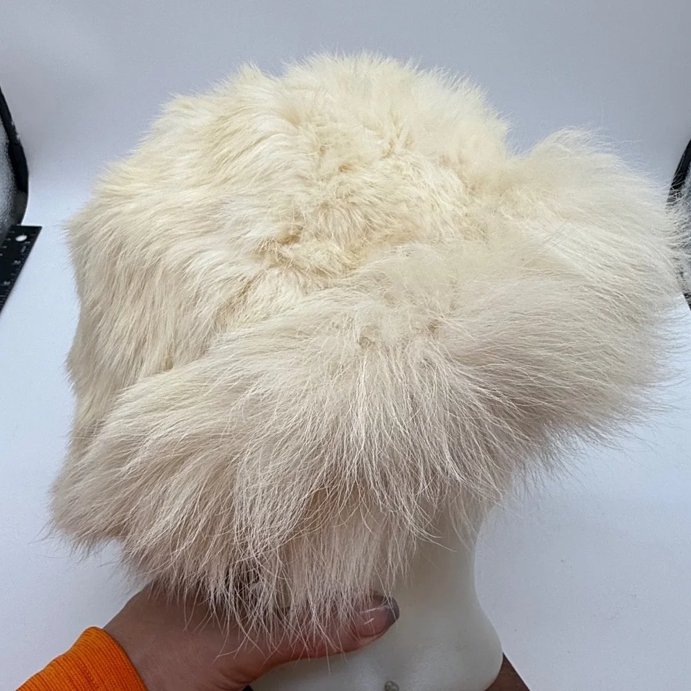 Vintage Union Made Cream Real Fur Pillbox Hat Winter Glam Cloche old Hollywood
